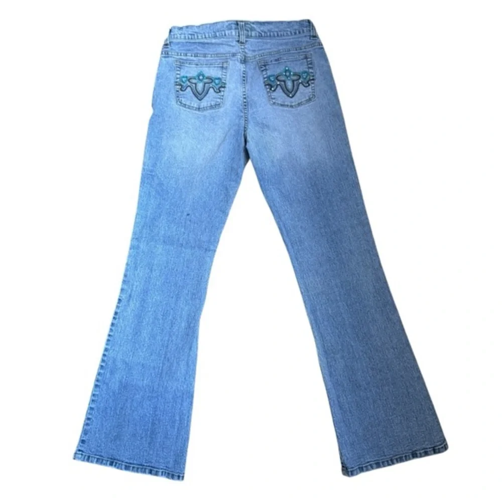 Y2K Embroidered pockets w/Rhinestones mid rise medium wash flare bottoms sz‎ 11